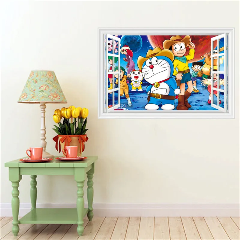 3D stereo windows Nobita cowboy cartoon wall paste bedroom living room children murals wallpaper | Дом и сад