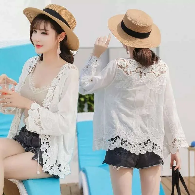 Женская белая кружевная блузка с дырочками Повседневная Свободная длинным