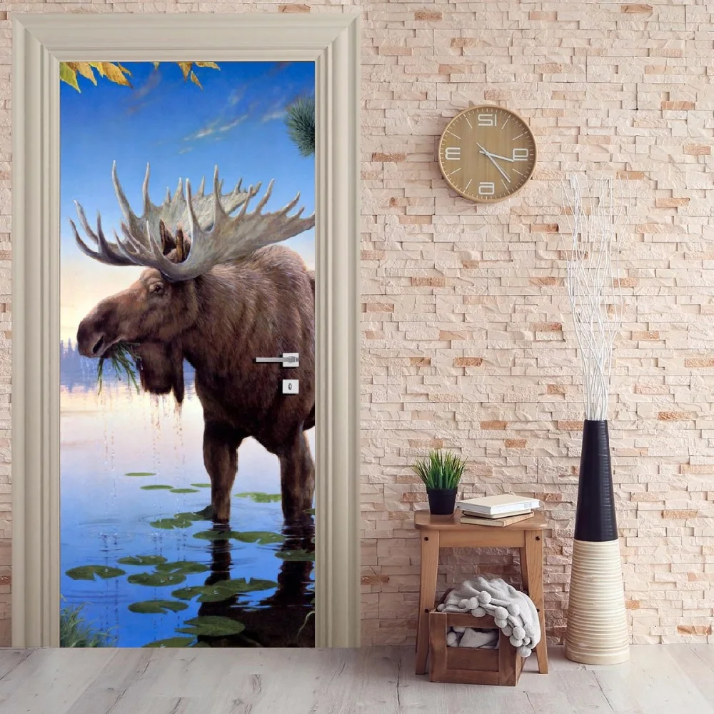 3D настенные художественные двери Фреска Moose животные обои наклейка на стену