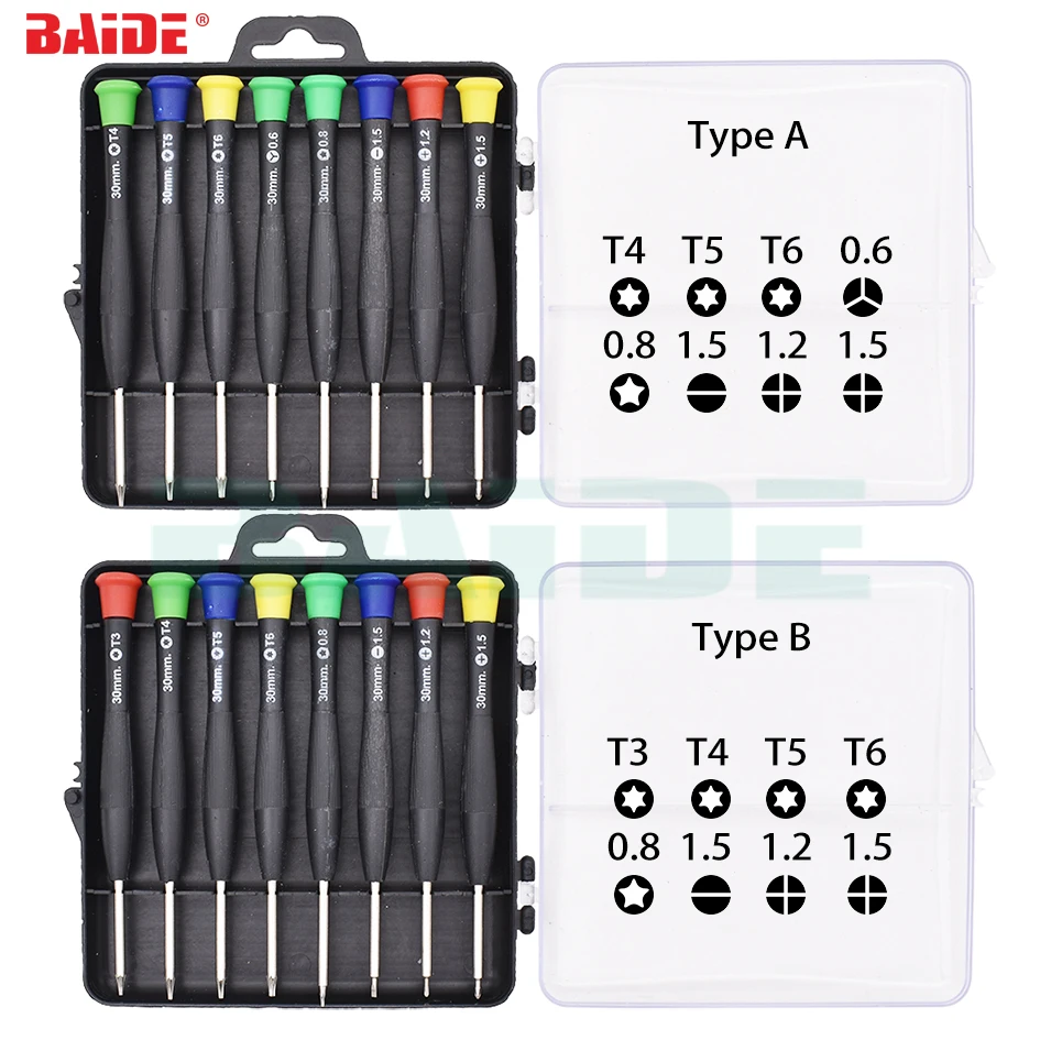 8 in 1 Screwdriver Kit T3 T4 T5 T6 0.8 Pentalobe 1.2 1.5 Phillips 1.2 straight screwdrivers for Cell Phone repair 20 sets