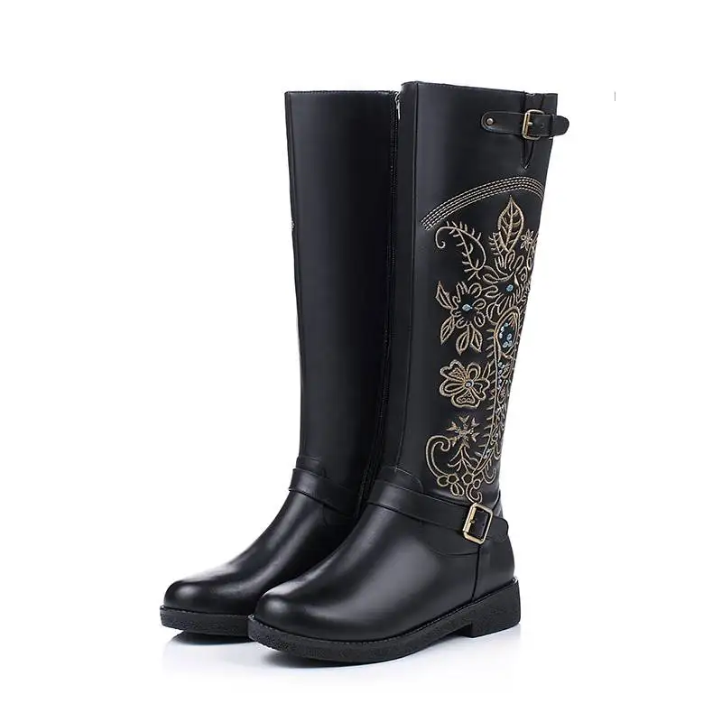 

ASUMER NEW arrival 2020 fashion genuine leather+PU boots round toe knee high boots for women embroider zip flat winter boots
