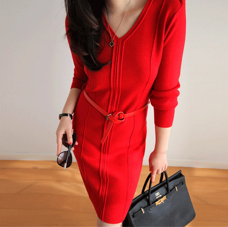 Женское платье до колен с поясом модное дизайнерское из смеси кашемира KFP718|dress