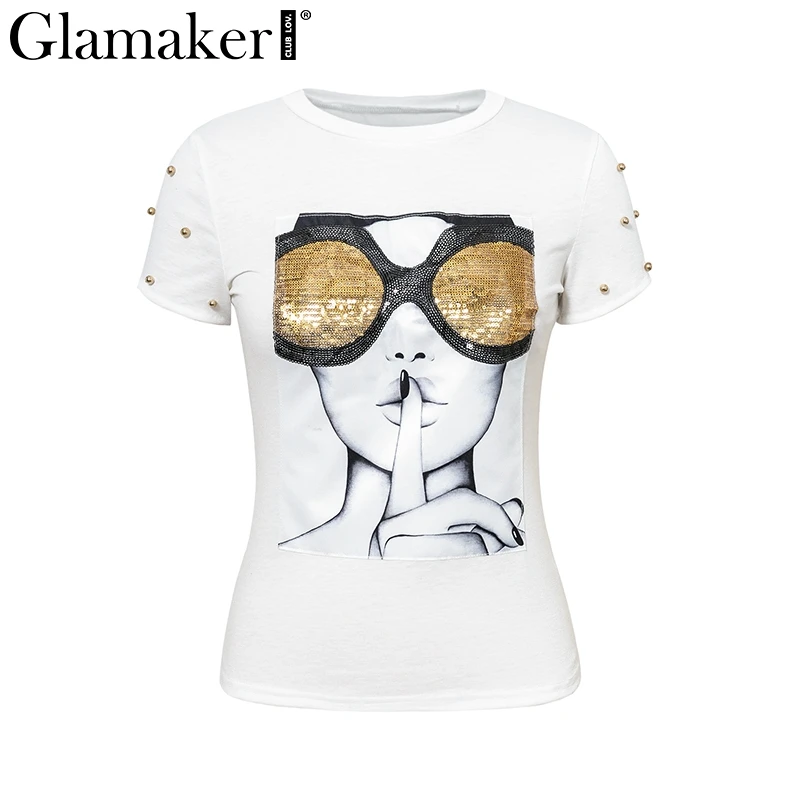 Glamaker, черная футболка с блестками, короткий рукав, уличная одежда, рисунок лица, Повседневная белая футболка с заклепками, женская футболка для фитнеса, летний топ