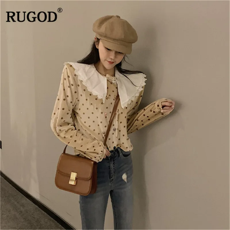 RUGOD/Модная женская блузка в горошек с кружевным воротником Питер Пэн весенние