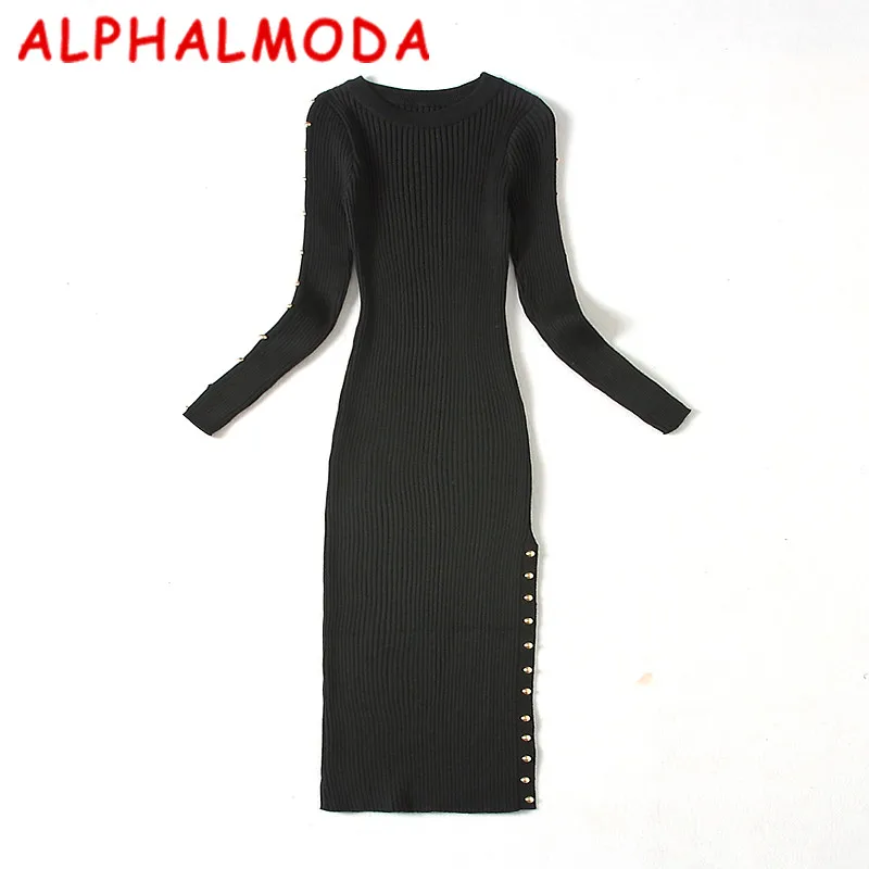 Женское трикотажное платье ALPHALMODA облегающее с заклепками низким разрезом и