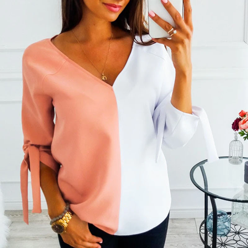 Пикантные V образным вырезом Blusas Femininas Женская блузка однотонная шифоновая блуза