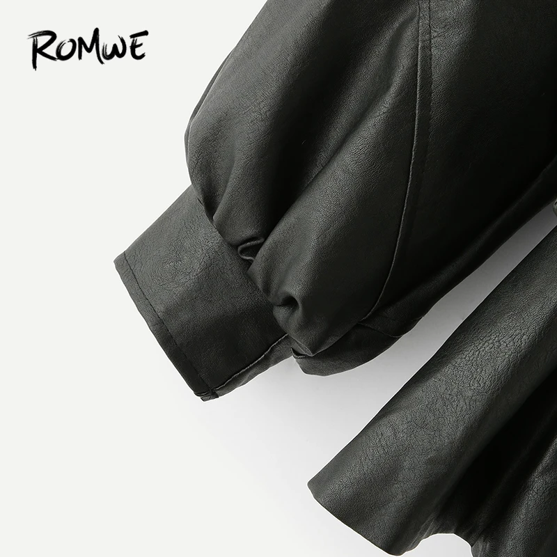 ROMWE/однотонная куртка с рукавом-Бишопом, крутая черная модная женская верхняя одежда с воротником-водопадом, Повседневная весенне-осенняя верхняя одежда с рюшами