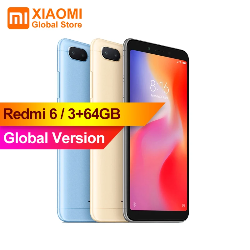 Глобальная версия Redmi 6 3 ГБ 64 12 Мп + 5 МП AI двойная камера 45 дюйма HD полноэкранный