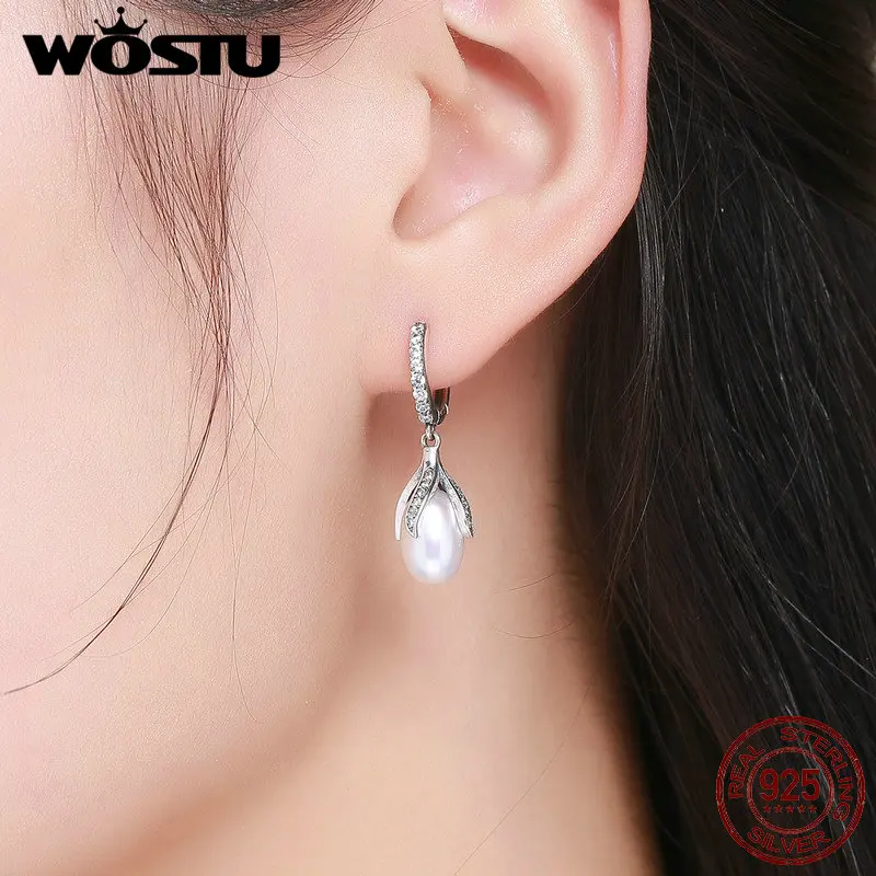 WOSTU подлинные 925 пробы серебряные серьги-капли с цветущими лепестками из пресноводного жемчуга для женщин, роскошные серебряные ювелирные изделия CQE259