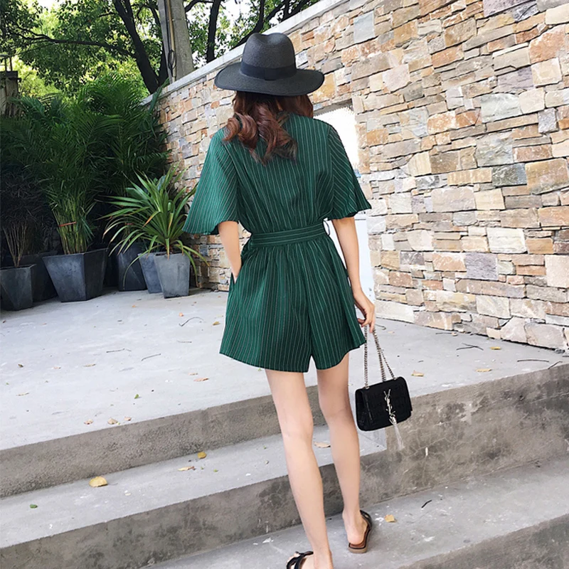 Летний Полосатый пляжный костюм с v образным вырезом и высокой талией поясом