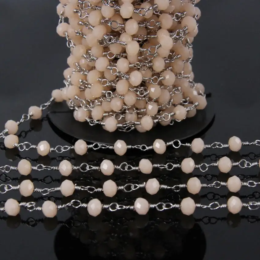 

4x6mm,Meat pink Glass Faceted Rondelle Rosary Chain,Light Pink Glass Crystal beads plate Silver Wire Wrapped Chain,5Meter