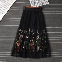 new puff women mesh tulle long skirt fashion vintage pleated floral embroidery elegant female tutu mid calf skirts