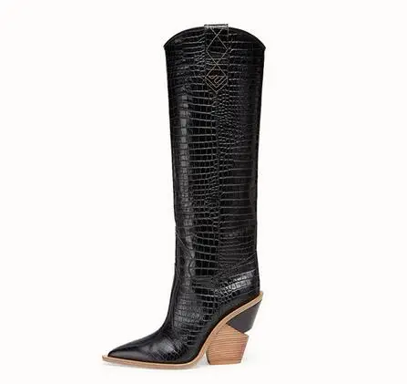 black long boots Mcacchi/Новинка года; модные ботинки для подиума с тиснением в клетку; женские сапоги до колена с острым носком на необычном высоком каблуке; женские ботинки «Челси» - Цвет: black long boots