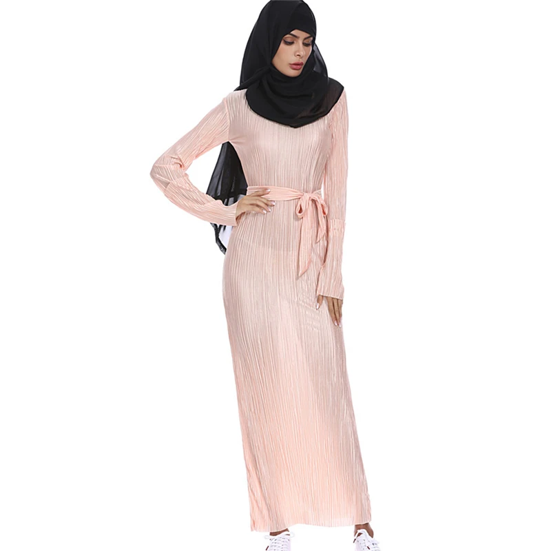 New Elegant Muslims Gown Women Dress Trumpet Sleeves Long With Sashes Round Collar Sleeve Autumn Straight Vestidos | Женская одежда