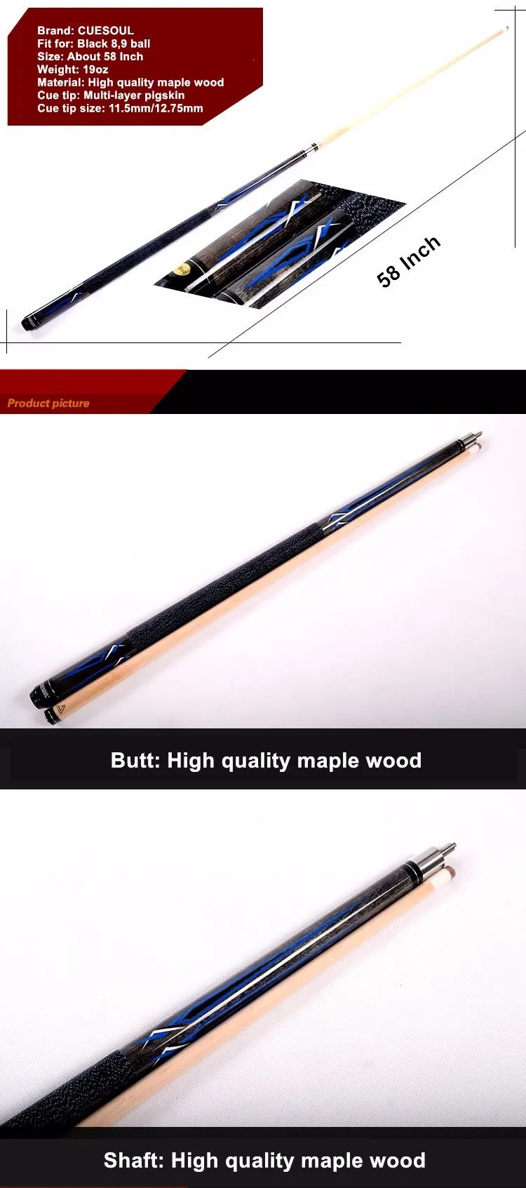 CUESOUL Billiard Pool Cue Stick With 11.5mm/12.75mm Cue Tip Snooker Cue 58" 19oz For 9-ball Ball Arm