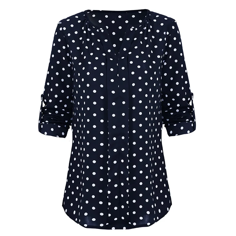 3XL 4XL 5XL размера плюс, туники, женская блузка, рубашка, винтажные Топы в горошек, v-образный вырез, свернутый, длинный рукав, свободная Элегантная блузка для девушек - Цвет: Тёмно-синий