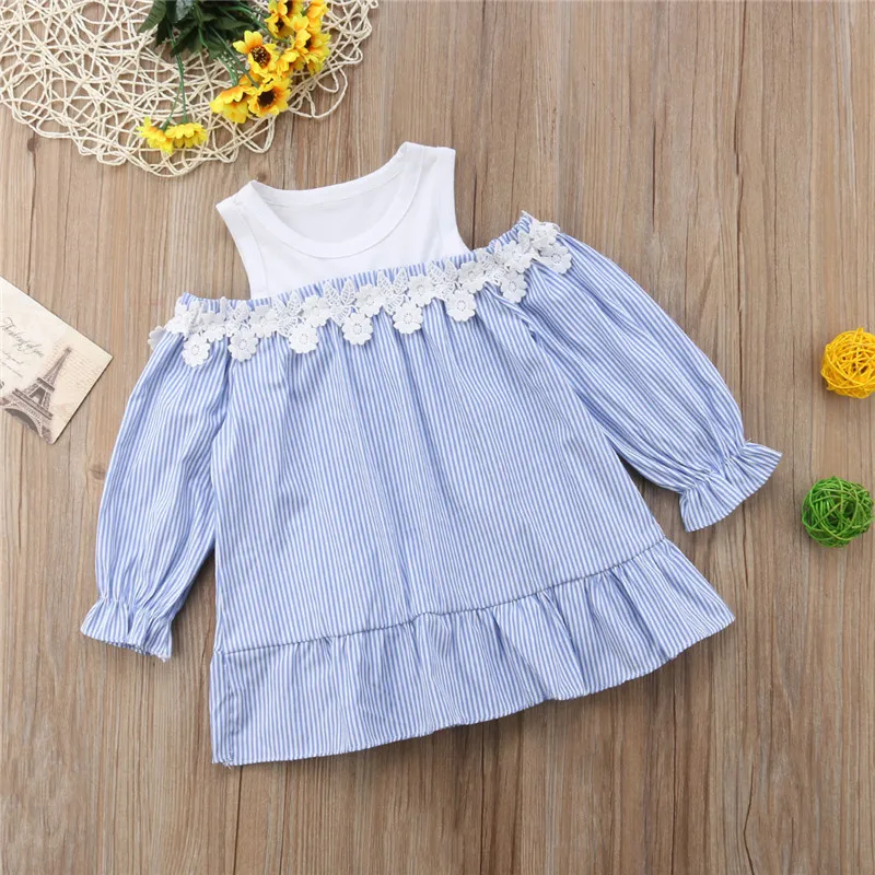 Spring Autumn Kid Girls Dress 2018 Casual Lace Flower Patchwork Off-shoulder Striped Dresses Children Long Sleeve Princess | Детская