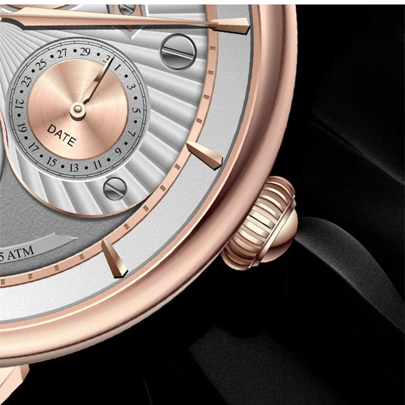 Часы мужские механические водонепроницаемые с сапфировым стеклом и кожаным