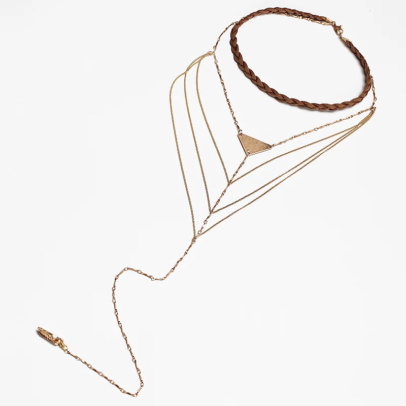 Women Brown Braided Leather Choker Alloy Gold Multilayer Necklace Natural Stone Pendant Charm Collar Jewelry | Украшения и
