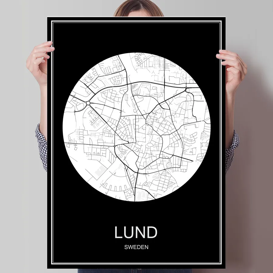 Абстрактный карта городов мира Лунд Швеция печать плаката на Бумага или холст