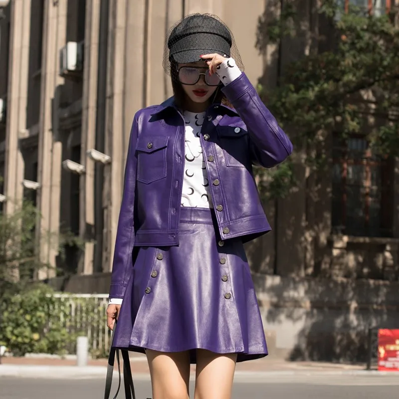 purple Для женщин Цвета из натуральной кожи овчины комплект из двух предметов из натуральной, раздел-куртки и пиджаки для мальчиков Высокая талия двойной однобортная юбка костюм комплект - Цвет: purple