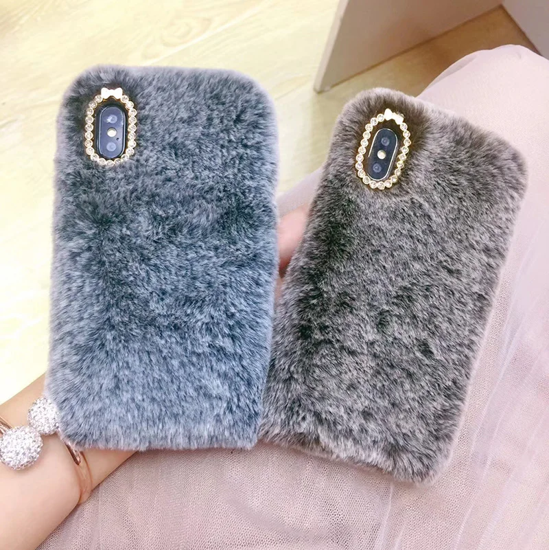 Luxury Rabbit Fur Case for iPhone XS Max XR Bling Diamond Soft Furry Plush Girly Cover 8 7 6 6S Plus Winter Warm |