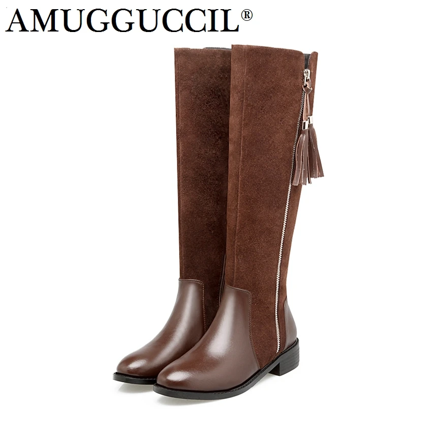 

2021 New Genuine Leather Plus Big Size Black Brown Zip Fashion Knee High Autumn Winter Lady Females Womens Boots X1682