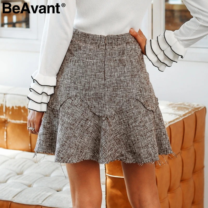 BeAvant, высокая талия, оборки, короткие твидовые юбки, зимние, трапециевидные, официальные, женские мини юбки, Женская Повседневная Уличная одежда, осенняя юбка для женщин
