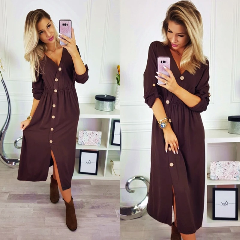 Женское повседневное длинное платье с v-образным вырезом осенне-зимнее миди