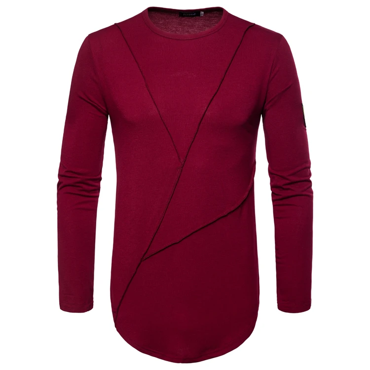 2019 New Men's T-shirt Summer Round Neck Casual Long-sleeved Stitching Bottoming Shirt Solid Color Long- | Мужская одежда