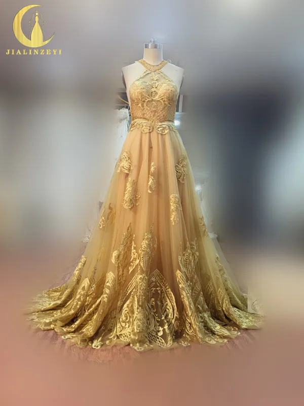 JIALINZEYI New Sexy Halter Gold Lace Embroidery See Through A-line Backlless Formal Dresses Party Evening Dresses 2020