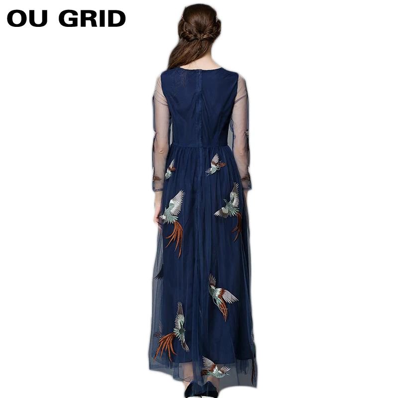 Женское Осеннее платье 2015 Новая мода с вышивкой птицы Лоскутное длинное длинными