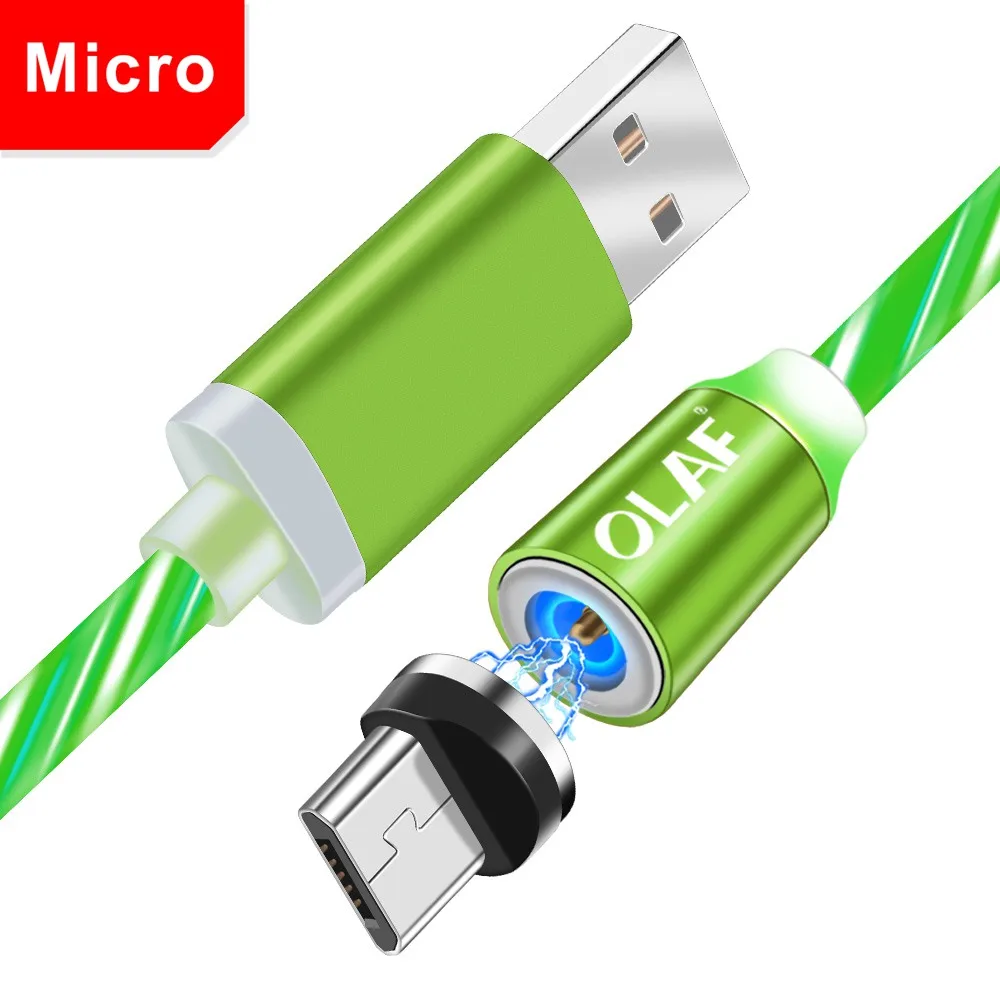 Green Micro USB Олаф сверкающий Блестящий Магнитный кабель для быстрой зарядки светодиодный кабель микротипа для Iphone 7 8 Plus X XR XS Max для Xiaomi Redmi Note 7 - Цвет: Green Micro USB