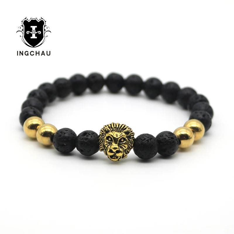 Мужской браслет под старину золотого цвета с головой льва черный матовый