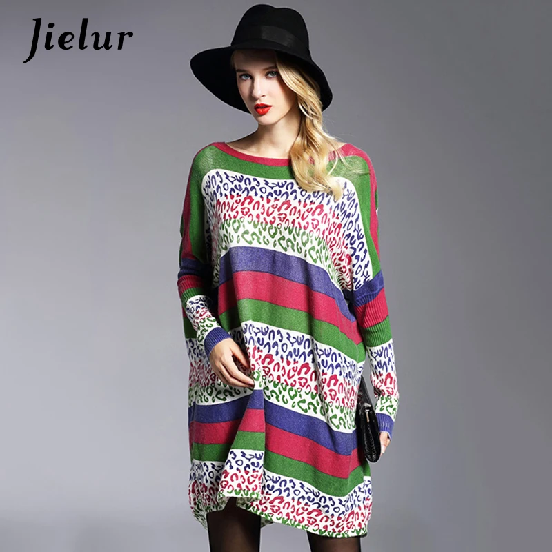 Jielur, осень, Европа, новая мода, женские зимние свитера, свободные, хит, цвет, в полоску, с принтом, негабаритный свитер, длинные, женские пуловеры