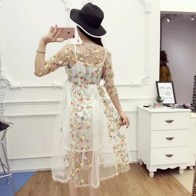 2017 Women Spring Summer Dress Embroidery Floral Mesh Dresses for Woman Female Perspective Costumes | Женская одежда