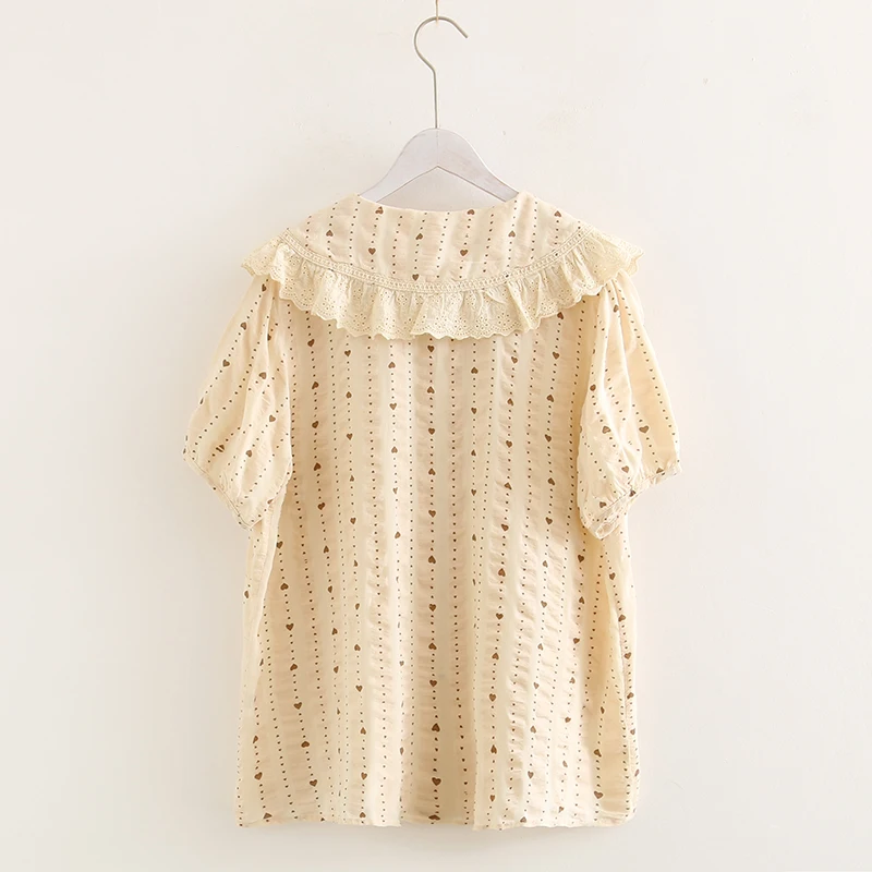 Кружевная рубашка с воротником в стиле Питера Пэна милым принтом сердца Новинка
