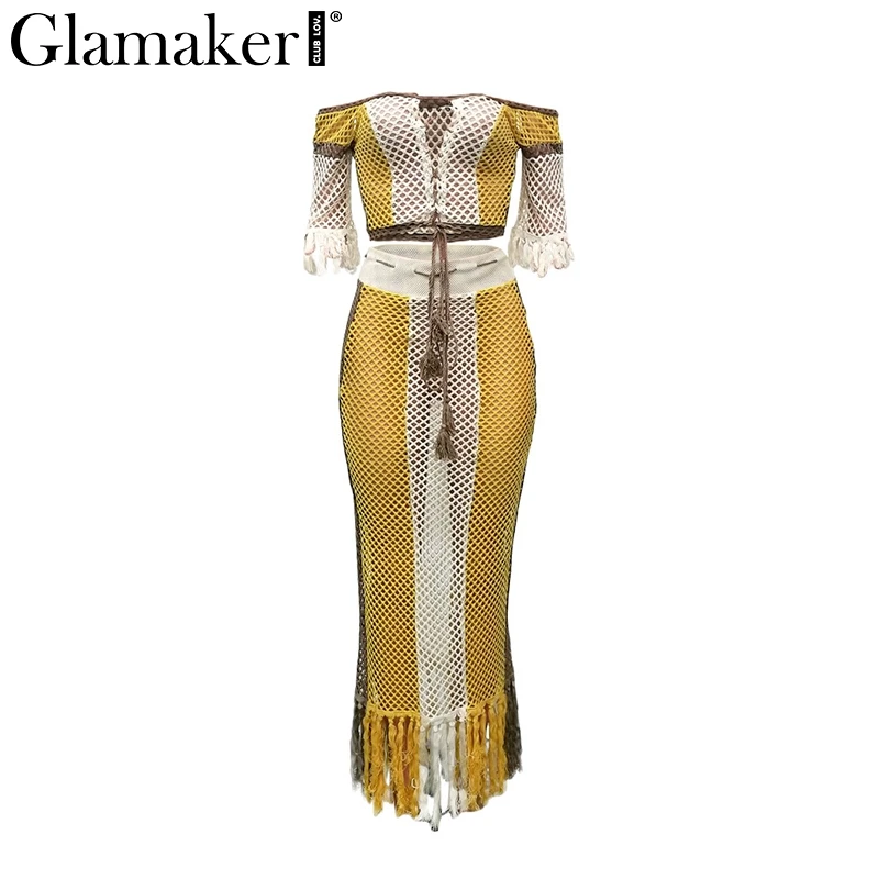 Glamaker, прозрачное летнее платье с бахромой, женское платье с открытыми плечами, два предмета, облегающее платье, женское элегантное платье