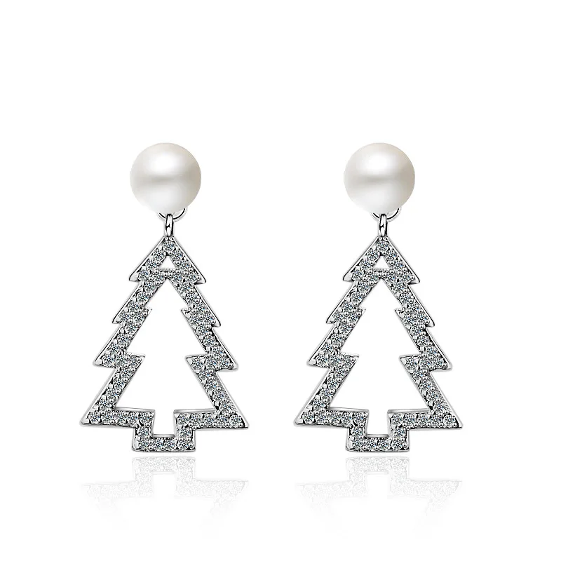 

100% 925 sterling silver fashion Christmas tree pearl jewelry ladies`stud earrings women gift no fade girls students