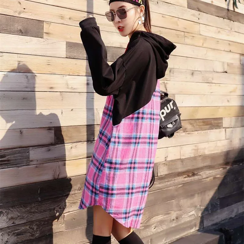 Для женщин Street Wear плед сращены длинные пуловеры плюс Размеры Повседневное