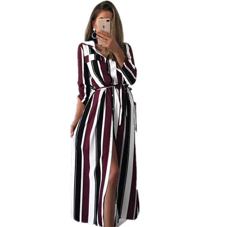 Samgpilee 2019 Office Lady Turn-Down Collar Button Lace Up Long Shirt Dress Women Autumn Spring Sleeve Stripe Maxi Dresses | Женская