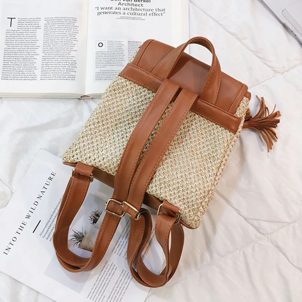 Straw woven backpack lady tassel summer girl student quality travel bag books backpack#g35 | Багаж и сумки
