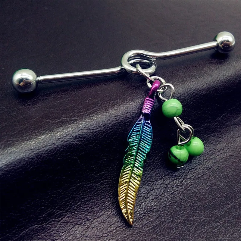 Pinksee 1PC Vintage Feather Pendant Ear Plugs Long Industrial Barbell Piercing Bone Rings Stainless Steel Body Jewelry | Украшения и