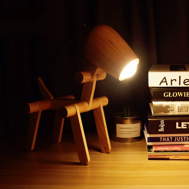 

Modern Wooden Little Dog Table Light Creative Personality Bedroom bedside lamp Study Wood Table Lamp deco LED lighting fixtures