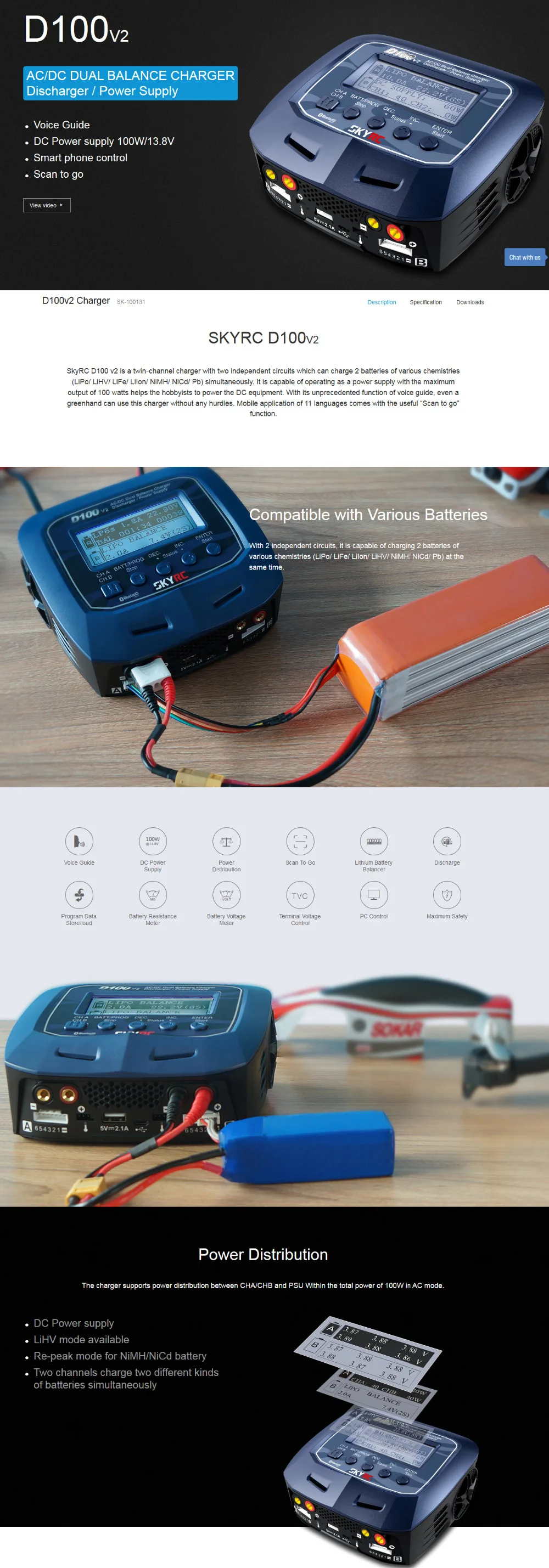D100 V2 Двухканальное зарядное устройство AC/DC LiPo 1-6s 2x100 Вт с Bluetooth интеллектуальное зарядное устройство баланса для Lipo литий-ионный аккумулятор