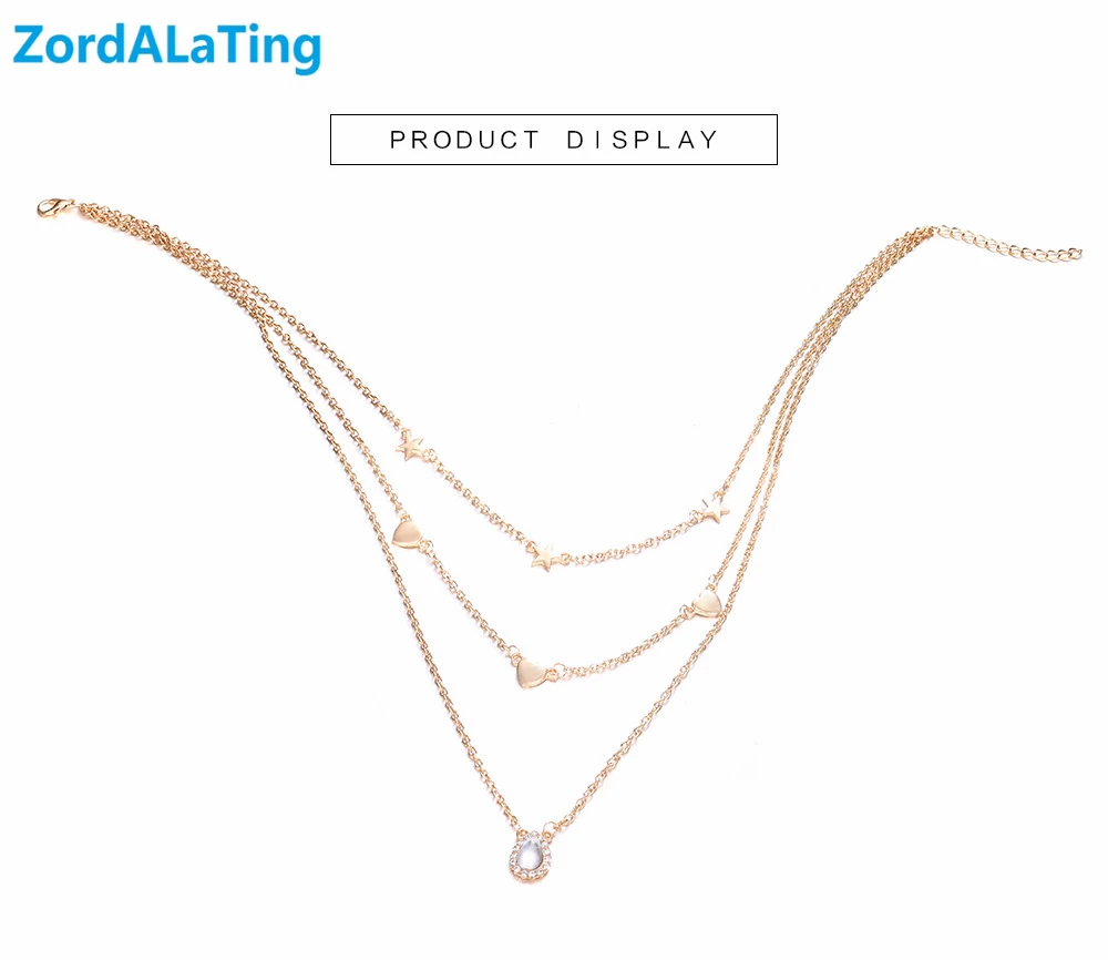 Copper alloy opal rhinestone love heart five-star water drop three layers necklace for women new fashion pendant long | Украшения и