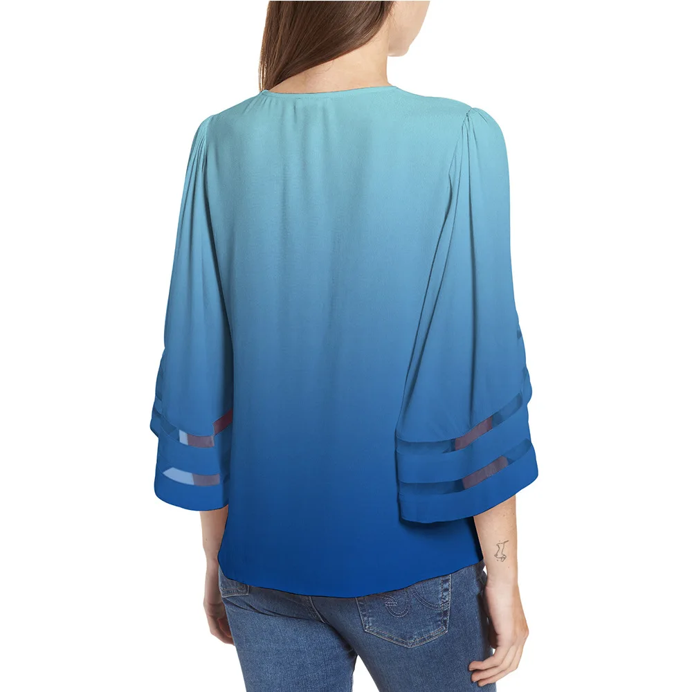 Блузка с рукавами колокольчиками и v образным вырезом цвет синий фиолетовый