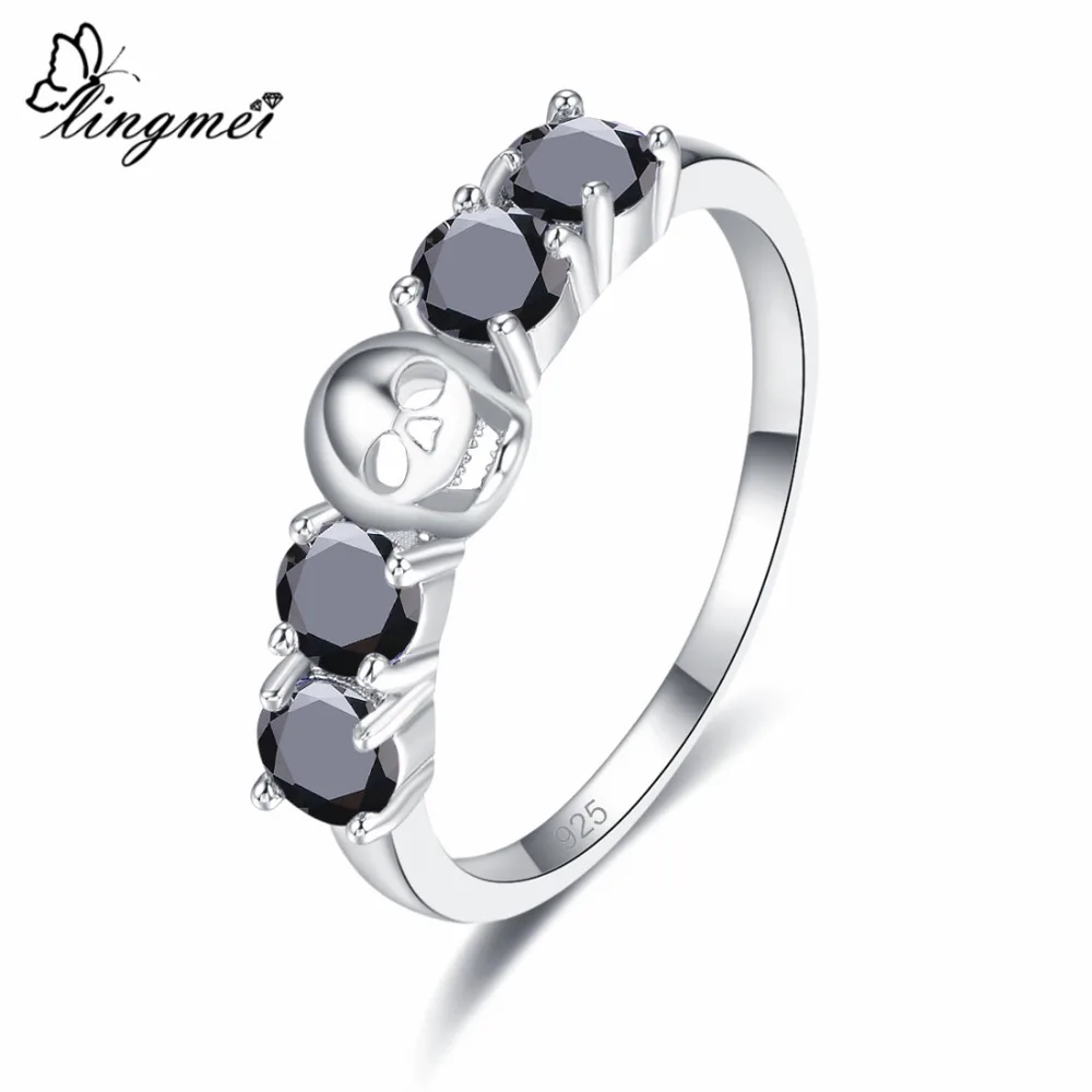 Lingmei модное круглое кольцо с синим и черным цирконием серебряного цвета черепом