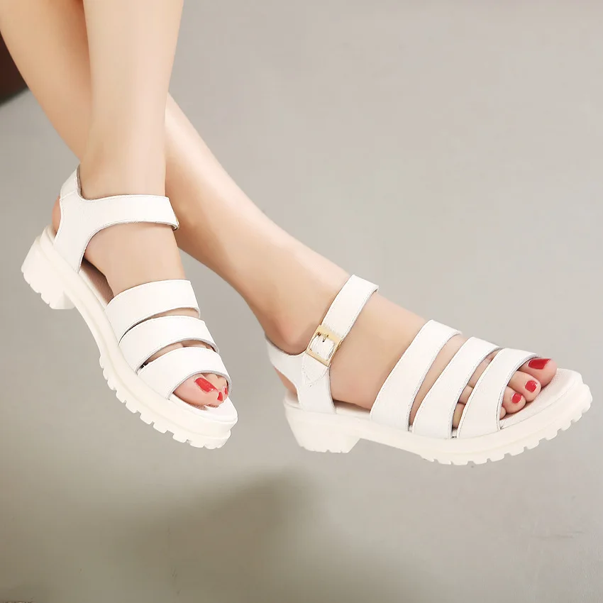 Martin 2015 new Korean leather Roman sandals thick crust muffin flat shoes low-heeled women Xiaxue Sheng | Обувь