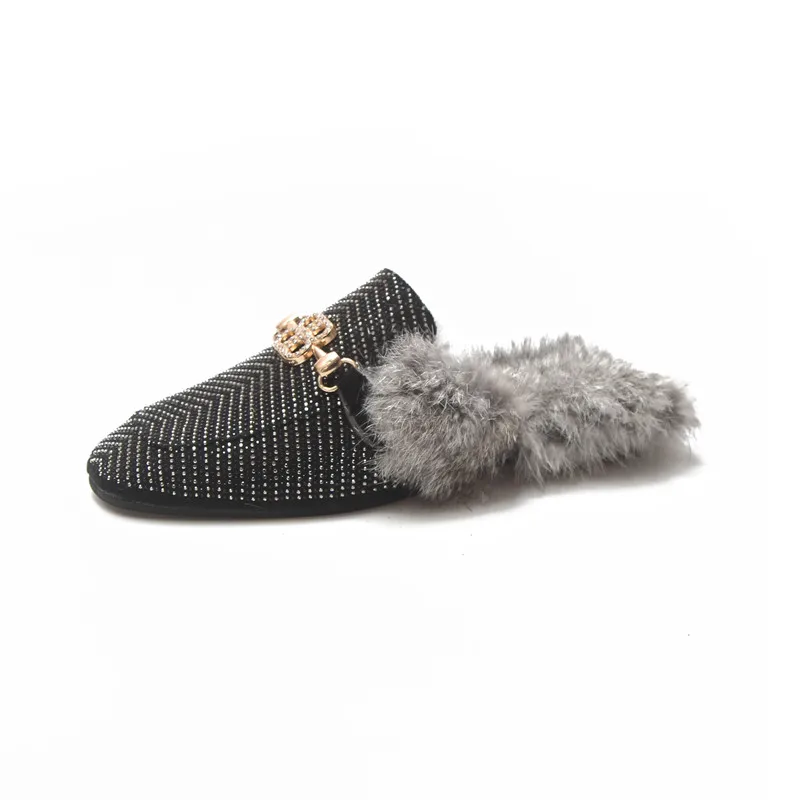 Marca 2018 Металл Bling cadena punta redonda из флока на меху zapatillas mujer слипоны Мокасины мулас chanclas